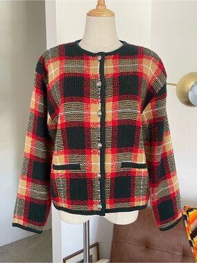 Vintage 1980s Karen Scott Preppy Office Siren Plaid Buttoned Cardigan
